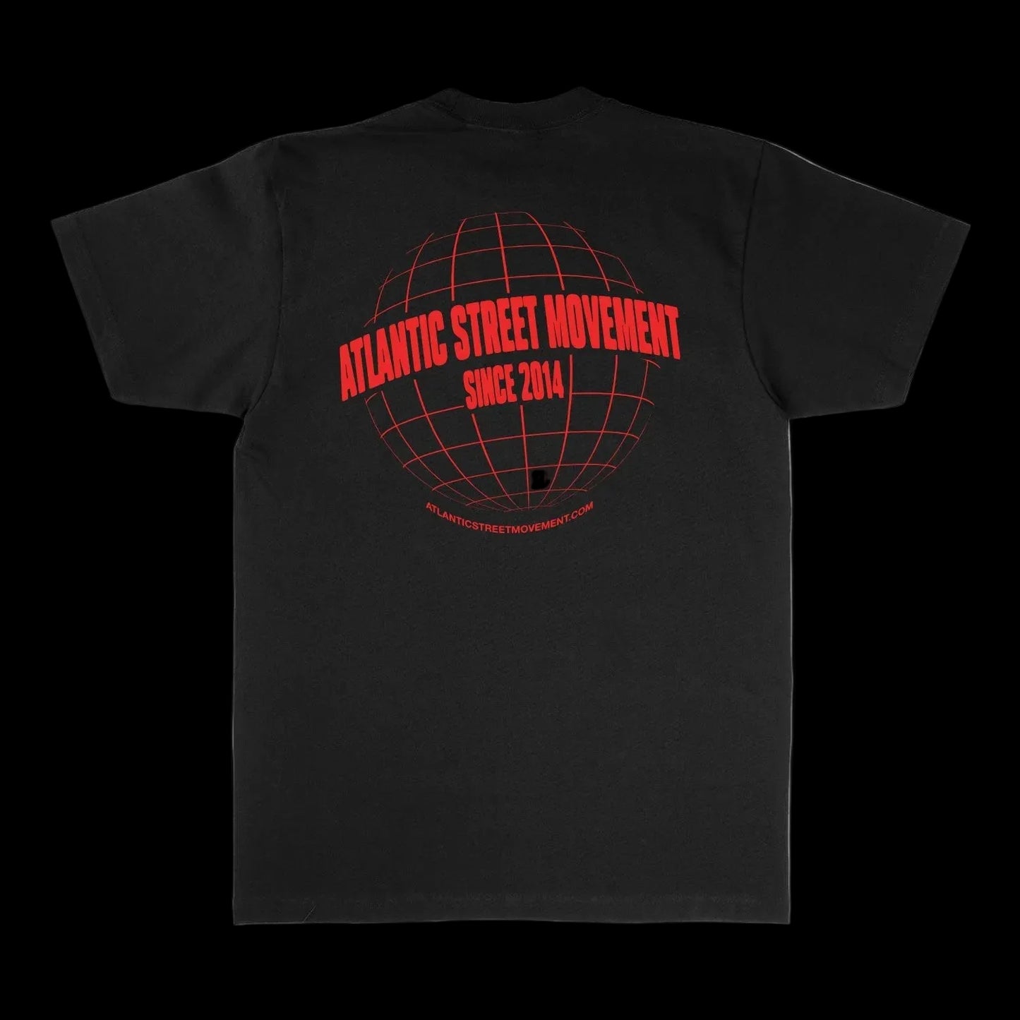 Black t-shirt with red 'Atlantic Street Movement' logo on a white background