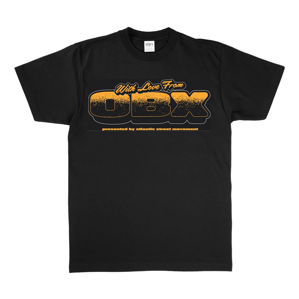 A black short-sleeve crewneck t-shirt with a distressed orange and yellow graphic on the chest reading 'With Love From OBX presented by atlantic street movement'.