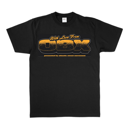 A black short-sleeve crewneck t-shirt with a distressed orange and yellow graphic on the chest reading 'With Love From OBX presented by atlantic street movement'.