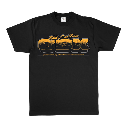 A black short-sleeve crewneck t-shirt with a distressed orange and yellow graphic on the chest reading 'With Love From OBX presented by atlantic street movement'.